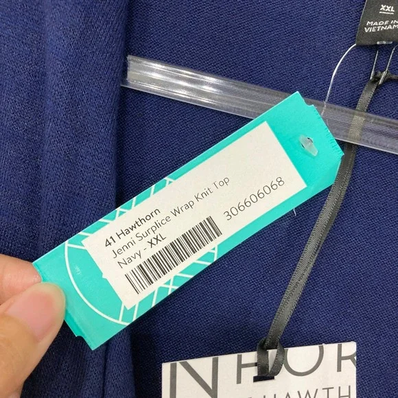 New 41 Hawthorn Surplice Wrap Knit Top XXL Navy Long Sleeve Ruched Preppy - Picture 3 of 9